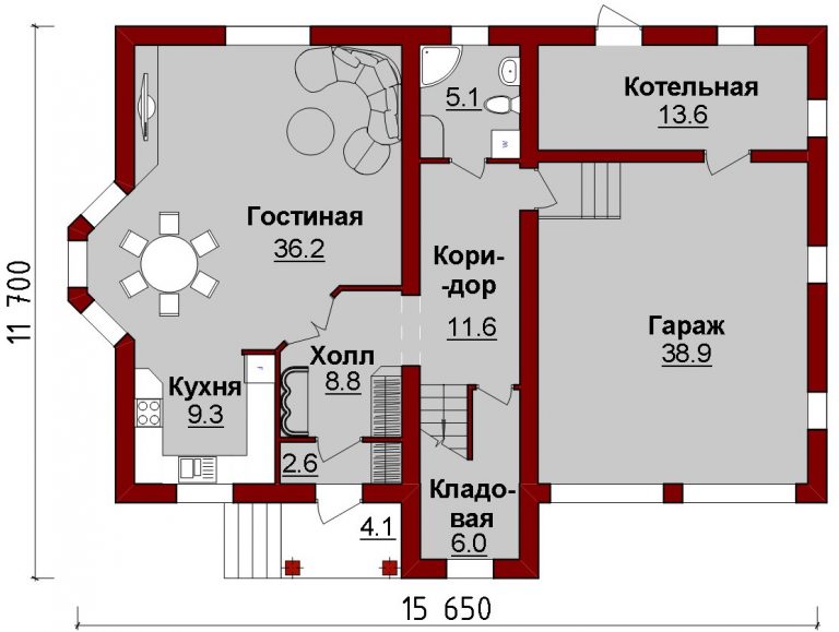 Планировка дома с гостиной в центре